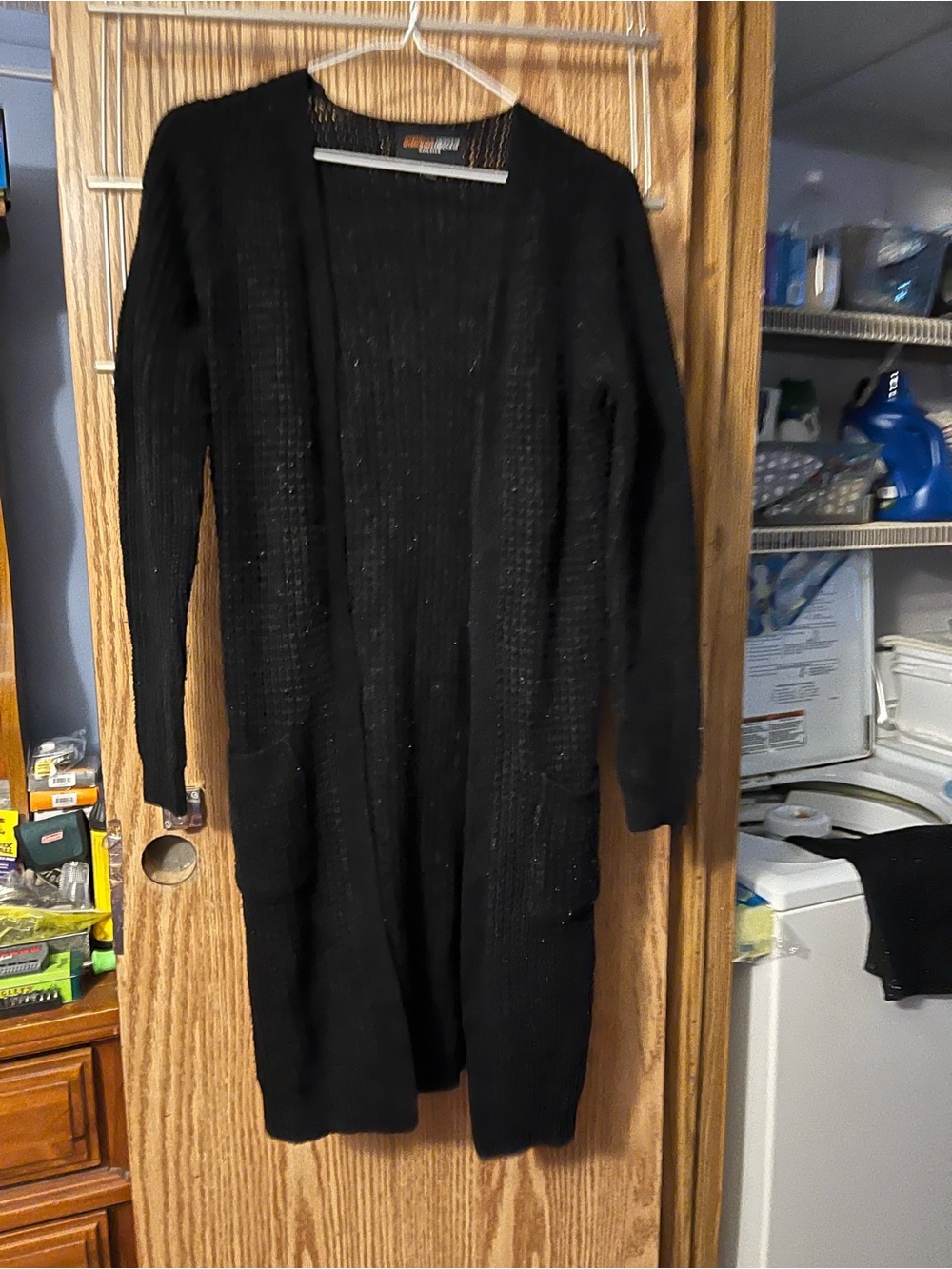 Ambiance Black Longline Open-Front Knit Cardigan with Pockets